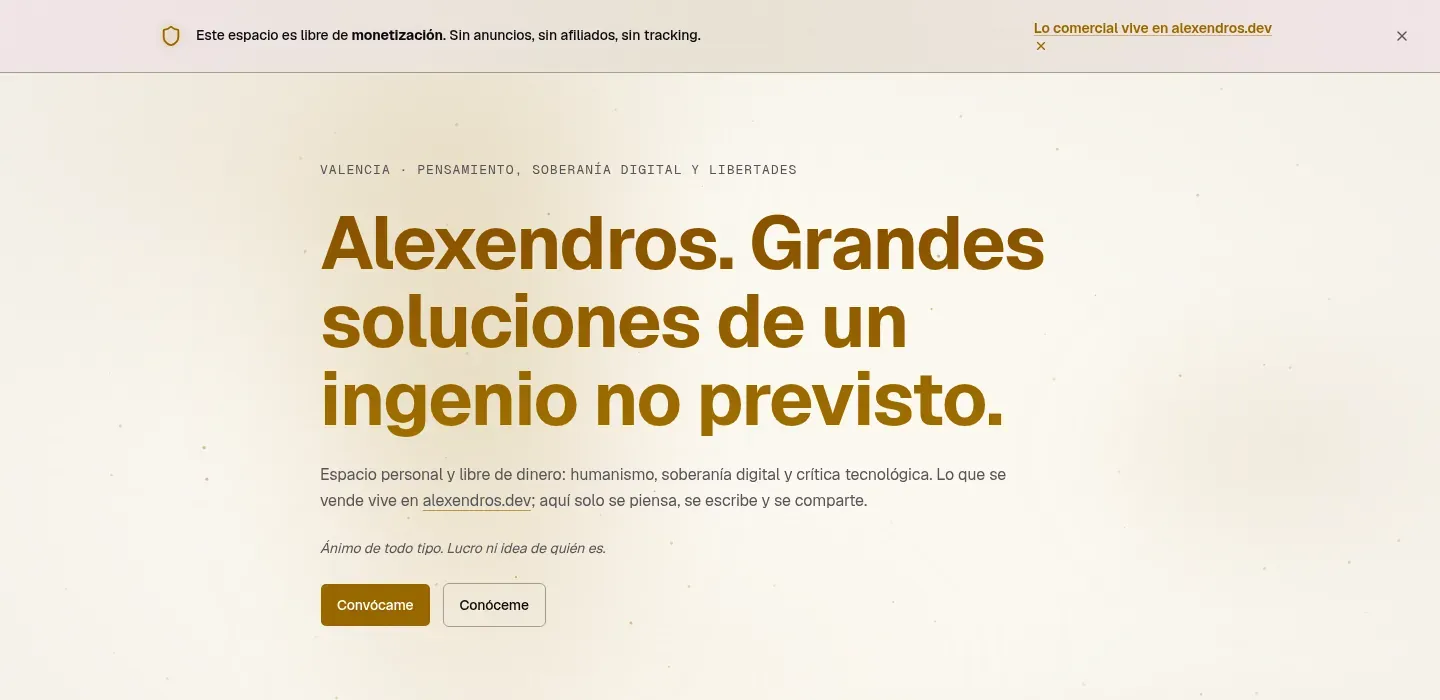 Home de Alexendros.me, web personal centrada en lectura cómoda, buen contraste y privacidad.