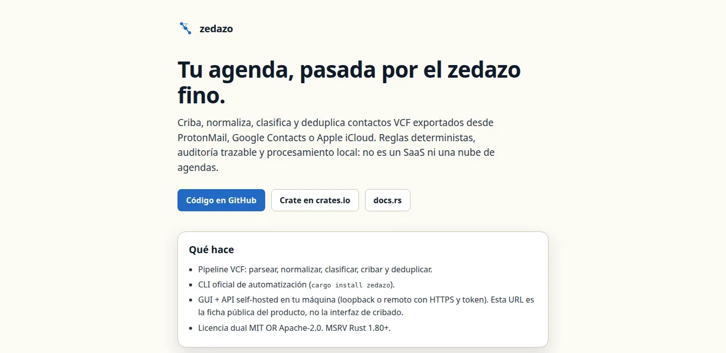 Interfaz de Zedazo, herramienta de código abierto para limpiar y unificar listados de contactos.